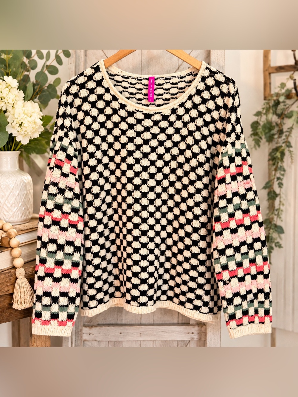 Zaket & Plover Checkerboard Crewneck Sweater with Pink & Green Sleeve Accents